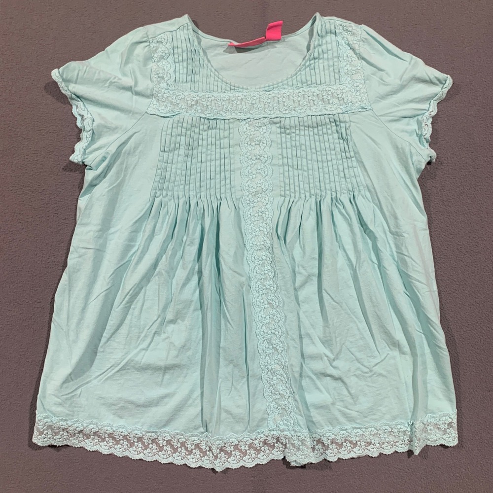 Woman Within Blouse Women 1X Aqua Blue Pintuck Lace Trim Boho Peasant Top Cotton